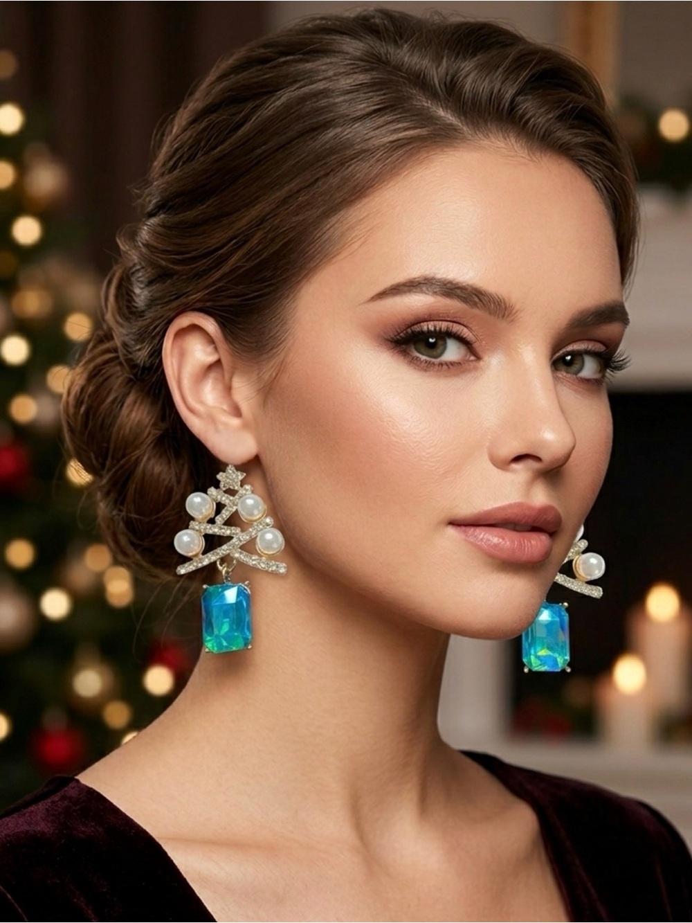 Gold Pearl & Blue Crystal Drop Earrings - Elegant Holiday-Inspired Jewelry - Picture 4 of 4